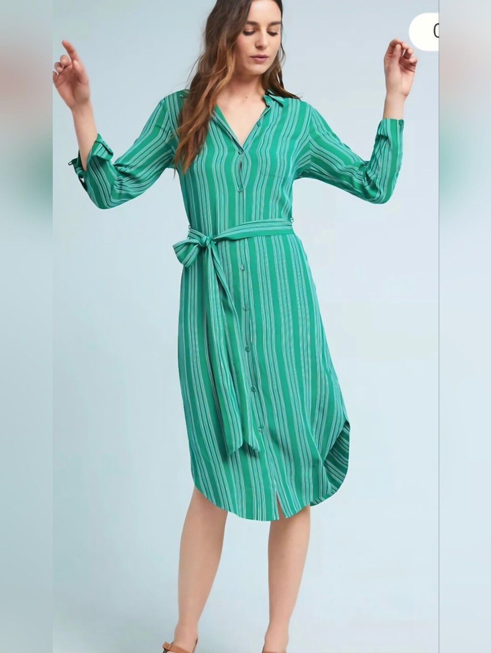 MAEVE ByAnthropolog Green Striped Button-Front Shirt Dress with Tie Belt,Size 6.